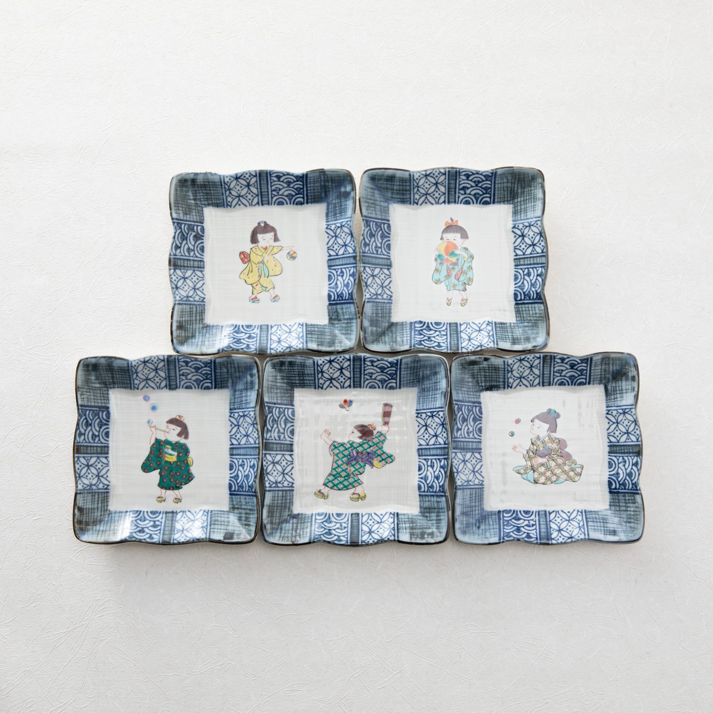Ancient Japanese Children Pattern Kutani Square Salad Plates Set(5 ...