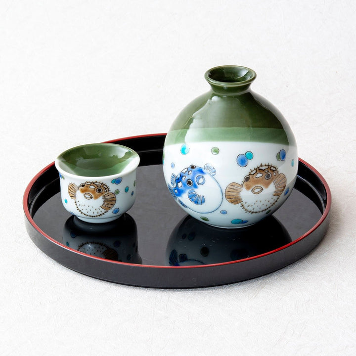 Kutani Ware Japanese Sake Set with Pufferfish and Hashinbong